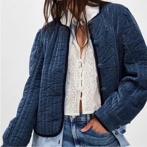 NWT Free People NATALIA VELVET Blue Bomber Jacket with Quilted Pattern